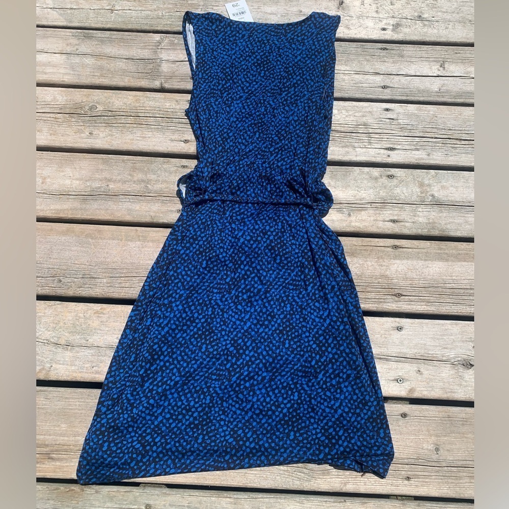 💜 Joe Fresh Blue Black Speckled Ruched V-Neck Sleeveless Dress Size M/M - Picture 4 of 6